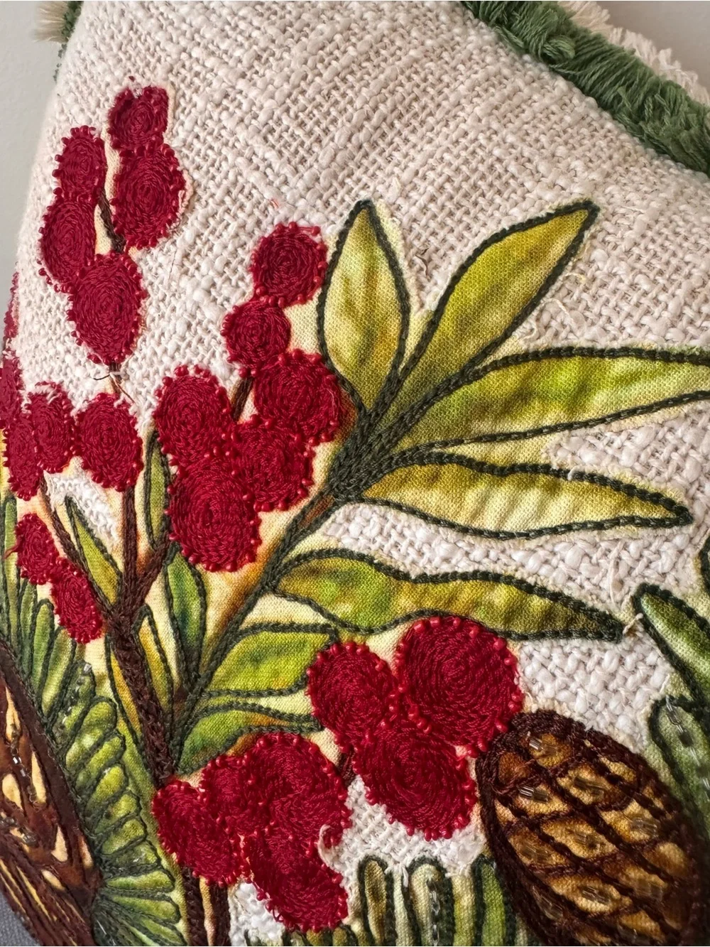 Imperial Collection 20x20 Throw Pillow Pinecones Berries Applique Fringe